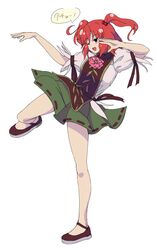  bad_id bad_twitter_id cosplay eyebrows female flower full_body green_skirt hair_bobbles hair_ornament highres ibaraki_kasen ibaraki_kasen_(cosplay) leg_up one_eye_closed onozuka_komachi open_mouth oshouyu_tabetai pose puffy_short_sleeves puffy_sleeves red_eyes red_footwear red_hair shirt shoes short_sleeves simple_background skirt smile solo speech_bubble tabard touhou translated two_side_up white_background 