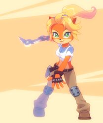  2018 abstract_background accessory activision anthro bandicoot belt biped black_nose blonde_hair boomerang bottomwear breasts clothed clothing coco_bandicoot crash_(series) female fingerless_gloves footwear fully_clothed gloves green_eyes hair hair_accessory hairband handwear holding_object holding_weapon holster kempferzero knee_pads long_hair mammal marsupial midriff pants shirt shoes skylanders_academy smile solo standing t-shirt tank_top topwear weapon 