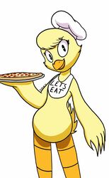  alternate_species anthro anthrofied avian beak bib bird chef_hat chica_(fnaf) chicken clothing fazbear_and_friends feathers female five_nights_at_freddy&#039;s food furrification galliform gallus_(genus) hat headgear headwear hi_res looking_at_viewer phasianid pizza scottgames simple_background solo terdburgler text yellow_body yellow_feathers 