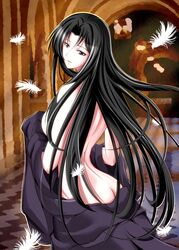  ass bad_id bad_pixiv_id black_eyes black_hair breasts commentary_request feathers female from_behind highres indoors long_hair looking_at_viewer looking_back marishiten medium_breasts pandora_(saint_seiya) saint_seiya saint_seiya:_the_lost_canvas sideboob solo 