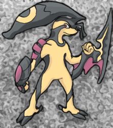  2009 ambiguous_gender anthro black_body black_skin fakemon grey_background horn kalnareff low_res mysdirai nude red_eyes simple_background solo yellow_body yellow_skin 