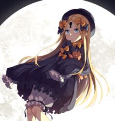  abigail_williams_(fate) bad_id bad_pixiv_id black_bow black_dress black_hat blonde_hair bloomers blue_eyes bow bug butterfly closed_mouth commentary dress dutch_angle fate/grand_order fate_(series) female full_moon hairbow hat hugging_object keyhole kim_bae-eo long_hair long_sleeves looking_at_viewer moon orange_bow parted_bangs polka_dot polka_dot_bow sleeves_past_fingers sleeves_past_wrists solo stuffed_animal stuffed_toy teddy_bear underwear very_long_hair white_bloomers 