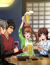  2boys 2girls absurdres active_raid alcohol arm_up beer beer_mug bowl brown_eyes brown_hair casual chopsticks closed_eyes cup drinking_glass eyebrows food glasses grey_hair high_ponytail highres holding holding_cup indoors jewelry kazari_asami kuroki_takeru long_hair meat mug multiple_boys multiple_girls necklace open_mouth purple_eyes salad short_hair sitting smile souichirou_sena toasting_(gesture) wine wine_glass yamabuki_rin 