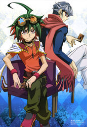  2boys absurdres akaba_reiji belt card chair choker earring glasses goggles goggles_on_head grey_hair highres multicolored_hair multiple_boys official_art pendant purple_eyes red_eyes sakaki_yuuya scarf sitting yu-gi-oh! yugioh_arc-v yuu-gi-ou_arc-v 