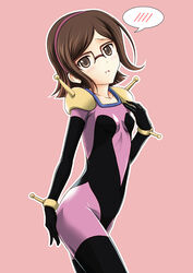  blush bodysuit brown_eyes brown_hair collarbone commentary_request cosplay female g_gundam glasses gundam gundam_build_fighters hairband kousaka_china looking_at_viewer mobile_trace_suit open_mouth pink_background pink_bodysuit rain_mikamura rain_mikamura_(cosplay) semi-rimless_eyewear short_hair simple_background slowpit solo spoken_blush 