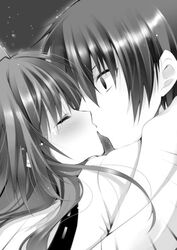  1boy claire_rouge female kazehaya_kamito kissing monochrome seirei_tsukai_no_blade_dance 