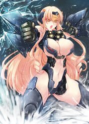  arm_blade armor blonde_hair breasts center_opening chest_cannon cleavage commentary_request female giant giant_monster haganef jaeger_(pacific_rim) joints kaijuu large_breasts long_hair looking_at_viewer mecha_musume mechanical_arms navel ocean open_mouth orange_eyes pacific_rim personification photoshop_(medium) revealing_clothes ringed_eyes robot_joints science_fiction solo striker_eureka sword thighhighs very_long_hair water weapon 