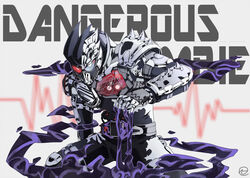  1boy armor belt blue_eyes breastplate commentary_request dangerous_zombie_level_x highres jiuri_jiuhao kamen_rider kamen_rider_ex-aid_(series) kamen_rider_genm male_focus photoshop_(medium) rider_gashat solo spikes visor zombie_gamer_level_x 