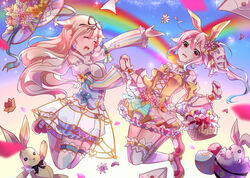  animal_ears basket blue_hair bunny_ears dress flower gloves gradient_hair hair_ornament hairclip harusame_(kantai_collection) hat kantai_collection long_hair multicolored_hair multiple_girls pink_eyes pink_hair remodel_(kantai_collection) side_ponytail skirt smile stuffed_animal stuffed_toy tears xinghuo yuudachi_(kantai_collection) 