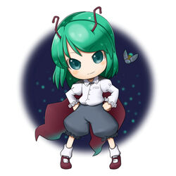  antennae blush_stickers bug cape chibi commentary_request female fireflies firefly futaba_no_taiko green_eyes green_hair hands_on_own_hips puffy_sleeves short_hair shorts smile touhou wriggle_nightbug 