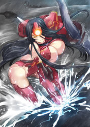  action aircraft armor attack battle black_hair bouncing_breasts breasts commentary_request crimson_typhoon female giant giant_monster giantess glowing glowing_eye glowing_eyes haganef hair_over_one_eye helicopter huge_breasts jaeger_(pacific_rim) kaijuu lights long_hair looking_at_viewer mecha mecha_musume mechanical_arms monster pacific_rim personification photoshop_(medium) rain red_armor robot science_fiction smile solo storm very_long_hair water yellow_eyes 