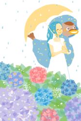  bird blue_hair carue dress duck female flower hydrangea nefertari_vivi one_piece ponytail princess rain shueisha smile umbrella white_dress 