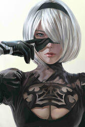  2b_(nier:automata) absurdres black_blindfold black_hairband blindfold blindfold_down blindfold_slip bob_cut breasts chinese_commentary cleavage cleavage_cutout clothing_cutout commentary derivative_work female geminiliuyouchang gloves grey_eyes hair_over_one_eye hairband highres large_breasts lips looking_at_viewer nier:automata nier_(series) no_mole one_eye_covered photo-referenced short_hair simple_background solo upper_body 