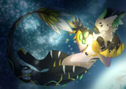  2018 absurd_res ambiguous_gender anthro chest_tuft cosmic_background cube digital_media_(artwork) dutch_angel_dragon floating flying galaxy hi_res naahva nude outside smile solo space toony tuft 