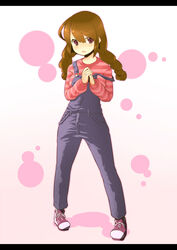  braid breasts brown_hair commentary_request female futaba_no_taiko jewelry large_breasts letterboxed no_nose original overalls own_hands_together pigeon-toed purple_eyes ring shoes sneakers solo strap_slip striped_clothes striped_sweater sweater twin_braids 