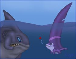  2011 alien angry blue_border blue_eyes border digital_media_(artwork) disney dorsal_fin duo experiment_(lilo_and_stitch) fangs fin gantu gills grey_body grey_skin head_fin heart_symbol hi_res lilo_and_stitch looking_up male purple_body purple_eyes side_view sinker_(lilo_and_stitch) swimming teeth underwater water watermark zippo_(artist) 