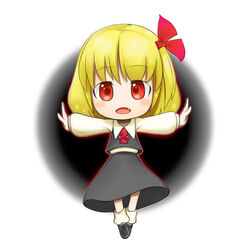  ascot blonde_hair blush_stickers chibi commentary_request female futaba_no_taiko hair_ribbon oerba_yun_fang open_mouth outstretched_arms red_eyes ribbon rumia short_hair skirt skirt_set touhou 