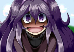  @_@ bags_under_eyes blush commentary_request crazy_eyes female full-face_blush hairband hex_maniac_(pokemon) long_hair open_mouth photoshop_(medium) pokemon pokemon_xy purple_eyes purple_hair purple_hairband ribbed_sweater shaded_face smile soboro_(jitome_dan) solo sweater 