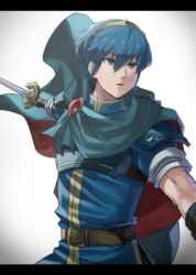  1boy armor blue_cape blue_eyes blue_hair breastplate cape commentary_request falchion_(fire_emblem) fire_emblem fire_emblem:_mystery_of_the_emblem fire_emblem_heroes gloves highres kometubu0712 looking_past_viewer male_focus marth_(fire_emblem) red_cape shoulder_armor solo sword tiara weapon white_background 