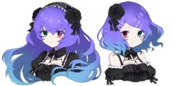  2girls anti_the_infinite_holic_(vocaloid) bags_under_eyes bare_shoulders black_flower blue_eyes blue_hair breasts cleavage cleavage_cutout clothing_cutout commentary_request detached_collar detached_sleeves expressionless flower gothic_lolita hair_between_eyes hair_flower hair_ornament hairband heterochromia highres kagamine_rin lolita_fashion lolita_hairband long_hair looking_at_viewer medium_breasts medium_hair megurine_luka multicolored_hair multiple_girls puffy_short_sleeves puffy_sleeves purple_hair red_eyes short_sleeves simple_background smile takae_(poupee_en_biscuit) upper_body vocaloid white_background 