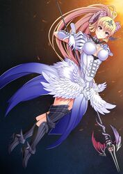  armor blonde_hair boots breasts bustier circlet cleavage demon_horns detached_sleeves dress feathered_wings female full_body gloves high_ponytail holding holding_weapon horns large_breasts long_hair looking_at_viewer low_wings lucifer_(the_seven_deadly_sins) pointy_ears puff_and_slash_sleeves puffy_short_sleeves puffy_sleeves red_eyes short_sleeves simple_background smile solo spear the_seven_deadly_sins very_long_hair weapon white_dress white_gloves wings 