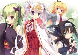  4girls :d ahoge bare_shoulders black_hair black_ribbon blonde_hair blue_eyes breasts butterfly_hair_ornament commentary_request finger_to_mouth forehead_protector green_background green_eyes green_hair hair_ornament hair_ribbon hairband highres hitachi_mako holding holding_weapon index_finger_raised japanese_clothes kobuichi kunai large_breasts lena_liechtenauer long_hair miko multiple_girls murasame_(senren) muririn necktie ninja obi official_art open_mouth pink_eyes red_ribbon ribbon ribbon-trimmed_sleeves ribbon_trim saishi sash senren_banka short_hair sleeves_past_fingers sleeves_past_wrists smile tareme tiara tomotake_yoshino tsurime twintails two_side_up v-shaped_eyebrows weapon white_hair wide_sleeves 