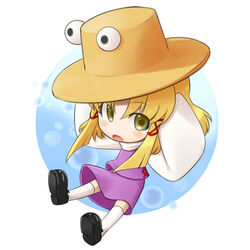  blonde_hair bubble chibi commentary_request female futaba_no_taiko hat moriya_suwako open_mouth pyonta short_hair sidelocks skirt skirt_set sleeves_past_wrists touhou yellow_eyes 