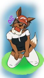  2018 anthro canid canine clothing conditional_dnp eevee elaine_(pokemon) generation_1_pokemon grinn3r hat headgear headwear heart_symbol mammal nintendo object_in_mouth panties partner_eevee pokedex pokemon pokemon:_let&#039;s_go pokemon_(species) pokemon_trainer pokemorph underwear 