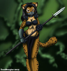  anthro armor black_hair bottomwear breasts brown_eyes clothed clothing collar felid feline female gauntlets gloves hair handwear loincloth looking_at_viewer mammal mask melee_weapon polearm serval shoulder_pads skimpy solo spear terdburgler weapon 