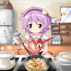  apron blush chopsticks commentary_request cooking cooking_pot eyeball female frying_pan hairband heart holding holding_chopsticks holding_frying_pan humming kikurage_(sugi222) kitchen komeiji_satori music pot purple_eyes purple_hair refrigerator rice short_hair smile solo stove television third_eye touhou 