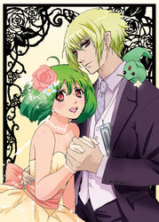  1boy ahoge ai-kun alternate_costume bare_shoulders brera_sterne brother_and_sister cero_(cerocero) commentary_request dress eyeshadow female flower formal green_hair grey_nails hair_flower hair_ornament highres holding_hands incest jewelry looking_at_viewer macross macross_frontier makeup nail_polish necklace necktie open_mouth ranka_lee red_eyes short_hair siblings smile straight strapless strapless_dress suit 