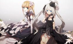  1other bare_arms bare_shoulders black_dress black_gloves blonde_hair blue_eyes blush breasts chevalier_d&#039;eon_(fate) closed_mouth commentary_request dress elbow_gloves fate/grand_order fate_(series) female flower gloves green_eyes grey_background grey_hair hair_flower hair_ornament long_hair looking_at_viewer marie_antoinette_(fate) marie_antoinette_(formal_dress)_(fate) medium_breasts no-kan official_alternate_costume parted_lips photoshop_(medium) sitting smile white_gloves 