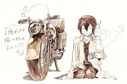  androgynous artist_request black_hair cup female female hermes kino kino_no_tabi long_coat monochrome motorad motorcycle short_hair solo steam translation_request vehicle white_background 