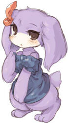  7010 anthro biped blush brown_eyes cave_story chaco_(cave_story) clothed clothing female fur lagomorph low_res mammal mimiga purple_body purple_fur ribbons solo standing 