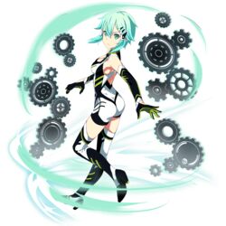  aqua_eyes aqua_hair ass bare_shoulders bikesuit bodysuit boots breasts elbow_gloves female frown gears gloves hairclip looking_at_viewer medium_breasts shinon_(sao) short_hair skin_tight solo sword_art_online thigh_boots thighhighs transparent_background 