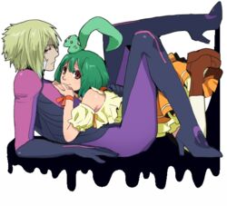  1boy ai-kun brera_sterne brother_and_sister cero_(cerocero) commentary_request detached_sleeves female frown green_hair hand_on_another&#039;s_back hands_on_another&#039;s_chest high_heels interlocked_fingers looking_at_viewer lying_on_person macross macross_frontier ranka_lee red_eyes short_hair siblings skin_tight smile straight 