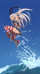  armpits ass blonde_hair blue_eyes breasts commentary_request crop_top crop_top_overhang day elbow_gloves female full_body gloves hairband highres jumping kantai_collection long_hair midriff miniskirt ocean open_mouth outdoors outstretched_arm photoshop_(medium) pleated_skirt school_uniform serafuku shimakaze_(kancolle) skirt sky small_breasts solo striped_clothes striped_thighhighs thighhighs underwear water white_gloves youmak 