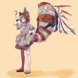  2girls ? animal_ears asymmetrical_wings black_hair black_legwear brown_eyes brown_hair commentary dress futatsuiwa_mamizou glasses hand_on_own_hip highres houjuu_nue hugging_another&#039;s_tail hugging_tail kiwitan leaf leaf_on_head multiple_girls raccoon_ears raccoon_tail tail tail_on_face thighhighs touhou wings 