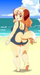  anthro ass beach brown_eyes canid canine canis cloud detailed_background digital_media_(artwork) domestic_dog easy_access female fur hair hi_res kemono kin-shun long_hair mai_(kin-shun) mammal outside pink_hair sand sea seaside sky solo water yellow_body yellow_fur 