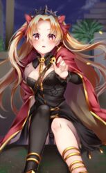  :o arm_at_side babylon between_breasts black_dress black_panties black_thighhighs blonde_hair blush breasts building cape cleavage commentary_request detached_sleeves dress ereshkigal_(fate) fate/grand_order fate_(series) female hand_up long_hair long_sleeves looking_at_viewer mashiro_aa md5_mismatch night night_sky open_mouth outdoors palm_tree panties pantyshot parted_bangs petals reaching reaching_towards_viewer red_cape red_eyes resolution_mismatch single_bare_shoulder single_detached_sleeve single_thighhigh sitting skull sky small_breasts solo source_larger spine tareme thighhighs tiara tree two_side_up underwear very_long_hair ziggurat 