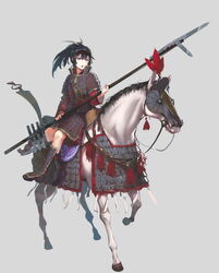  animal armor armored_animal armored_boots barding belt black_hair boots china chinese_armor chinese_commentary chinese_empire commentary_request fangdan_runiu female grey_background han_dynasty headband highres holding holding_polearm holding_weapon horse horseback_riding ji_(weapon) knife lamellar_armor military open_mouth original plume polearm ponytail red_sash riding saddle saddlebags sash sheath sheathed sidesaddle simple_background solo sword tassel weapon white_horse 