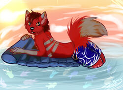  anthro bottomwear canid canine clothing fox fur grey_body grey_fur hair inflatable looking_at_viewer male mammal matt_(wackyfox26) poo-ky pool_toy red_body red_fur red_hair shorts solo swimming_pool swimwear toy water 