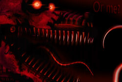  2015 3:2 3d_(artwork) animatronic canid canine digital_media_(artwork) english_text five_nights_at_freddy&#039;s five_nights_at_freddy&#039;s_4 fox fur glowing glowing_eyes hook machine mammal nightmare_foxy_(fnaf) official_art rip robot robotic_tongue scott_cawthon scottgames sharp_teeth solo teeth text tongue 