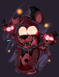  2018 absurd_res animatronic bear bow_(feature) bow_tie button_(fastener) clothing digital_media_(artwork) five_nights_at_freddy&#039;s five_nights_at_freddy&#039;s_4 freddles_(fnaf) glowing glowing_eyes group hat headgear headwear hi_res machine mammal nightmare_freddy_(fnaf) robot scottgames sharp_teeth sideshow-spottus simple_background teeth top_hat 