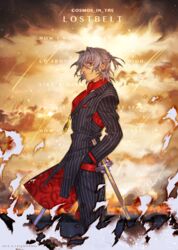  1boy antonio_salieri_(fate) antonio_salieri_(second_ascension)_(fate) bad_id bad_pixiv_id burning cross dated english_text fate/grand_order fate_(series) formal grey_hair half_updo hands_in_pockets highres male_focus medallion profile red_eyes scarf solo suit twinkle_twinkle_little_star twitter_username yai_(hachihito) 