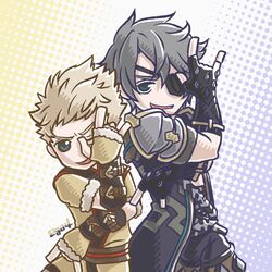  2boys armor blonde_hair blue_eyes chibi commentary_request eyepatch fingerless_gloves fire_emblem fire_emblem_awakening gloves grey_hair highres jacket male_focus multiple_boys oekaki_ega4 owain_(fire_emblem) pose short_hair smile trait_connection xenoblade_chronicles_(series) xenoblade_chronicles_2 zeke_von_genbu_(xenoblade) 