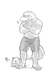  2013 anthro beau_(doublebite) beau_555 bottomwear clothing crocodile crocodilian crocodylid doublebite_(artist) greyscale league_of_legends lifeguard male monochrome pool_party_renekton renekton reptile riot_games scalie shorts simple_background solo standing tencent white_background 