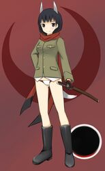  alternate_costume anabuki_tomoko animal_ears black_hair boots commentary_request extra_ears female fox_ears fox_girl fox_tail gloves grey_eyes jacket katana military_jacket panties rasielcochma scarf smile solo strike_witches:_suomus_misfits_squadron sword tail underwear weapon world_witches_series 