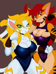  anthro big_breasts blackwind_zero bodysuit breasts cleavage clothed clothing duo felid female fight fur green_eyes hair hi_res huge_breasts leotard mammal markings mastergodai monotone_clothing monotone_leotard orange_body orange_fur pantherine pose red_eyes red_hair simple_background skinsuit stripes tiger tight_clothing white_body white_fur yellow_body yellow_fur 