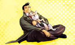  1boy ace_attorney_investigations animal bandage_on_face bandages black_hair canine coat commentary_request dick_gumshoe dress_shirt dutch_angle facial_hair ganpiro gyakuten_saiban holding indian_style loafers long_coat looking_at_viewer male_focus missile_(ace_attorney) necktie object_behind_ear pants pencil polka_dot polka_dot_background shiba_inu shirt shoes sitting smile stubble trench_coat yellow_background 